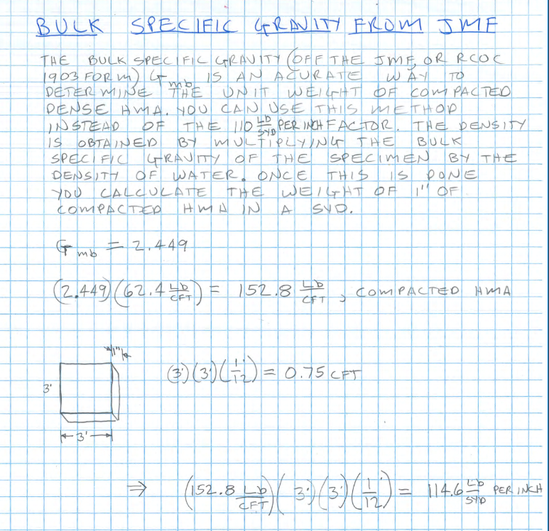 Handwritten example showing Gmb conversion to lb per square yard per inch for compacted HMA